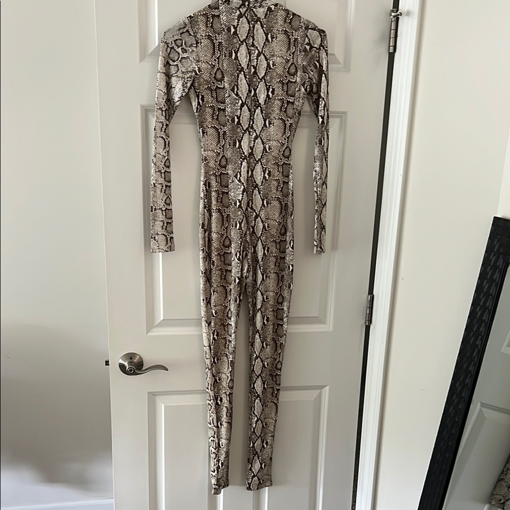 Long Sleeve Snake Print Jumpsuit - Beige/Black